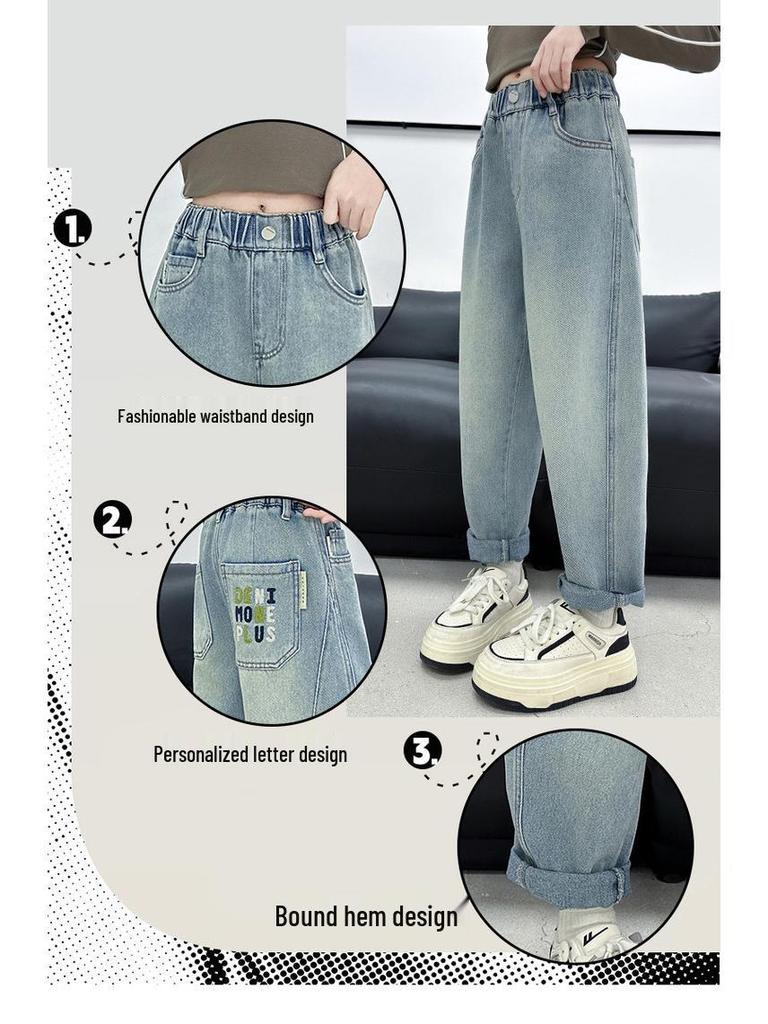 2025 Girls' Spring-Autumn Straight Wide-Leg Jeans: Long Pants for Big Kids