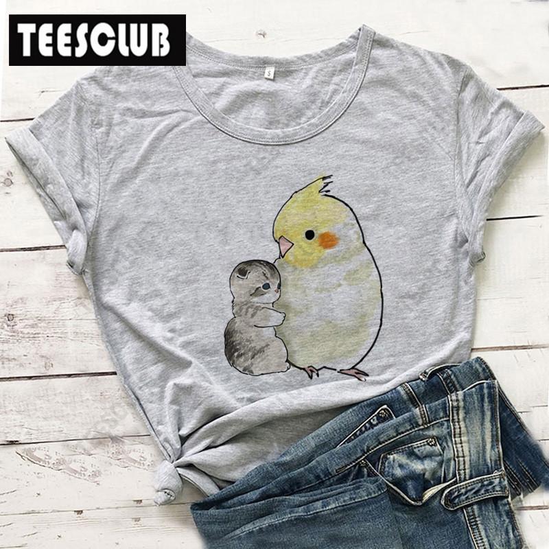 Women's Polyester 100% European-Style Cartoon Parrot Cat Print T-shirt Short Sleeve Harajuku Graphic Top Summer