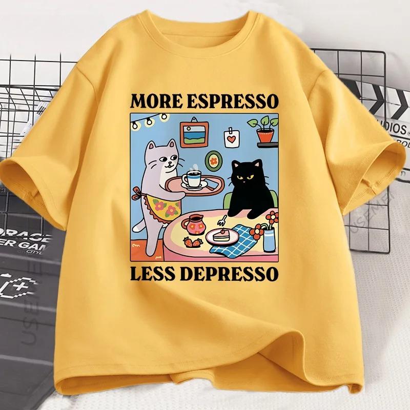 More Espresso Less Depresso Black Cat Tshirt Unisex Women Funny Coffee Cat T Shirt Casual Summer Cotton Short Sleeve Tshirt Tops