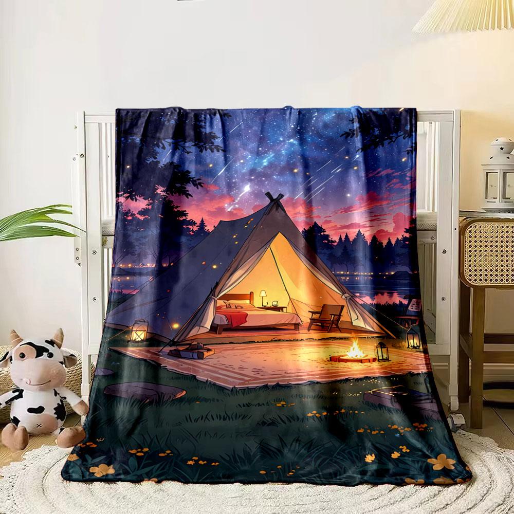 

A glowing tent with a cozy interior under a starry sky and meteor shower. for all seasons blanket lunch break throw gift 80cm x 120cm
