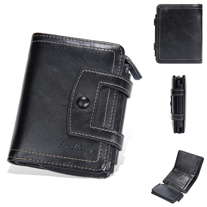 New Men s Short Wallet With European American RFID Anti-theft Retro Multi Slot Three Fold Buckle Zipper Coin Purse 12x10x2 чёрный