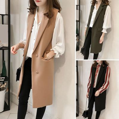 Damen Weste Herbst Frühling Umlegekragen Zweireihig Locker Ärmellos Knielang Taschen Strickjacke Einfarbig Alltagskleidung Weste Mantel