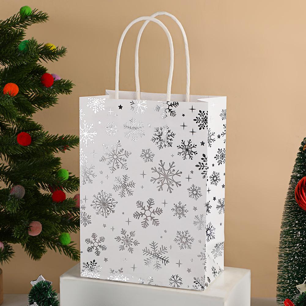 Christmas White Kraft Gift Bag with Gold Silver Snowflake, Bell, Christmas Tree, Reindeer Pattern Holiday Party Gift