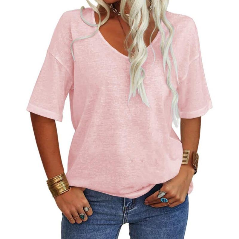 

Women Summer V Neck Half Sleeve Casual Loose Fit Multi Color Basic T Shirt S розовый
