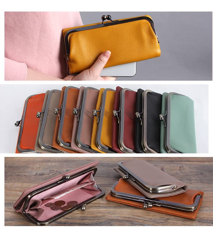 Lizdays Women's Long Wallet with Clasp Closure, Genuine Leather, Thin (Mustard)