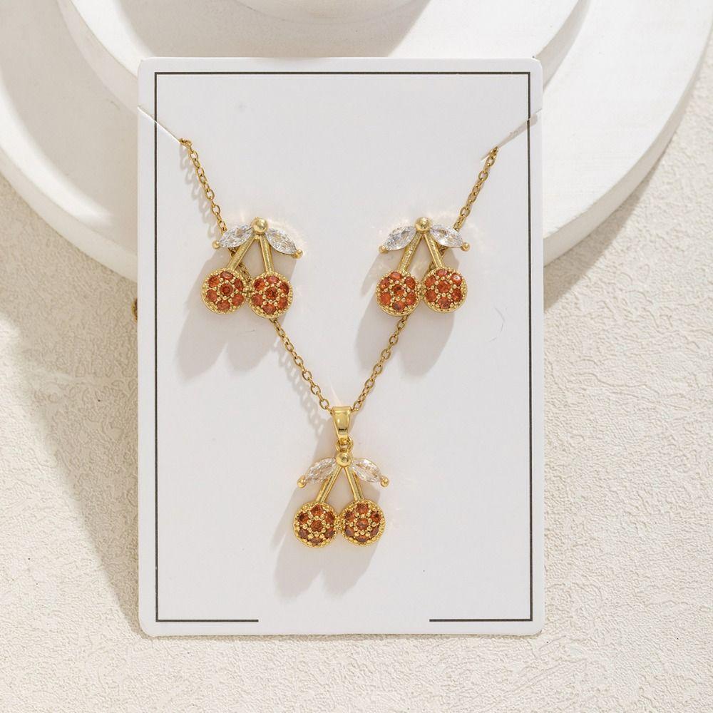 Crystal Necklace Earring Set Exquisite Cherry Necklace Set Rhinestone Cherry Jewelry Suit  Women