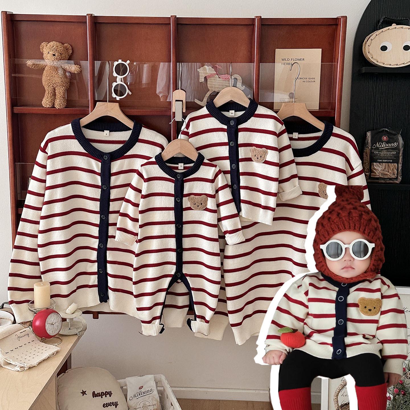 

2025 Kids Cartoon Striped Knit Sweater Cardigan - Parent-Child Fashionable Wear Child Cardigan 80 червоний