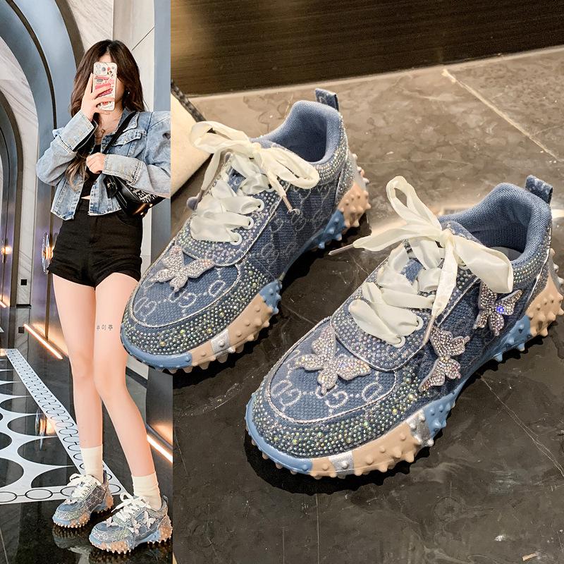 G New Dad Sneakers - Versatile, Comfortable, Women's Casual Full Diamond Durian Bottom Shoes