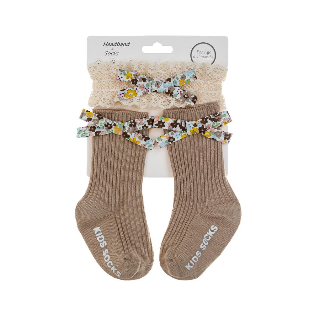 3Pcs/Lot Flower Print Bow Baby Socks Non-Slip Infant 0-12M Elastic Princess Boys Girls Long Knee Sock Lace Headband Kids Hairban