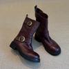 Cowhide version retro belt buckle genuine leather locomotive boots Martin boots women's versatile British style platform knight boots short boots