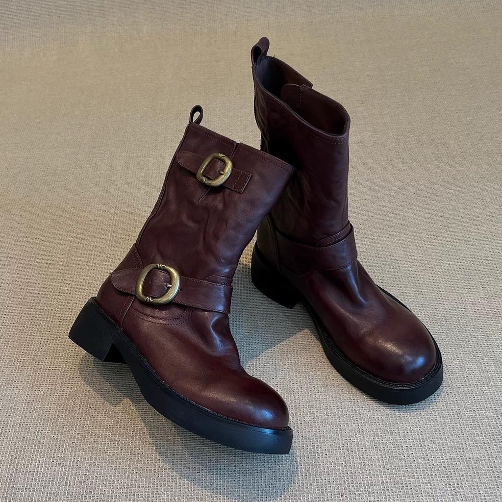 Cowhide version retro belt buckle genuine leather locomotive boots Martin boots women's versatile British style platform knight boots short boots
