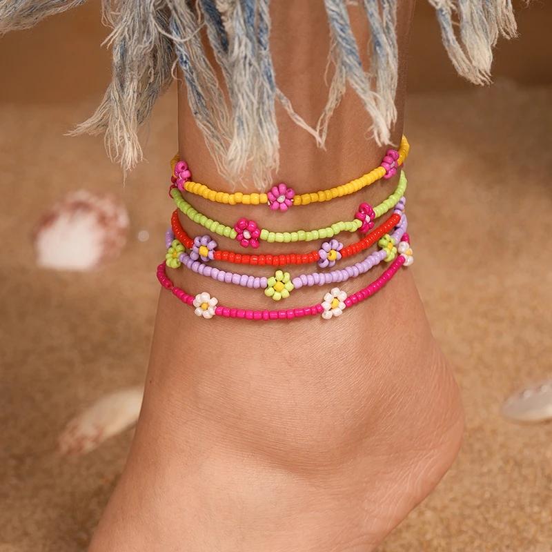5 Stück Bunte Boho Handgemachte Blumenperlen Fußkettchen für Damen Mädchen Mehrschichtiges Knöchelarmband Kette Fußschmuck Geschenke