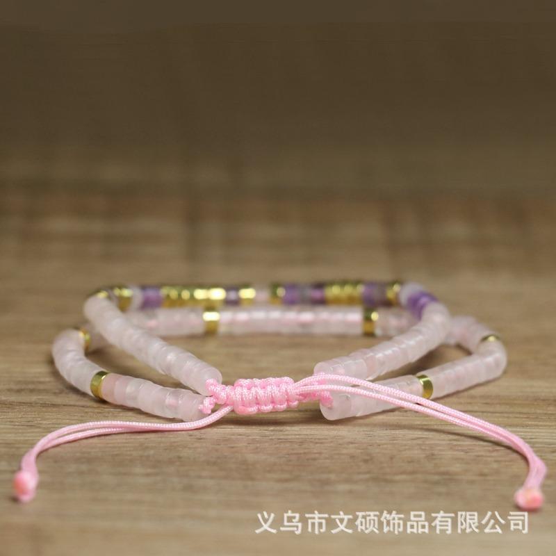Rose Quartz Amethyst Heishi Bead Bracelet Set – Gold Accent Adjustable Dainty Jewelry, Love Calm Gift for Women