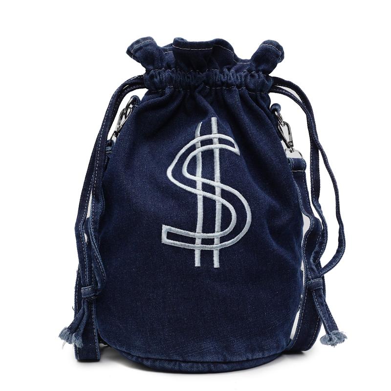 Embroidered Drawstring Bucket Bag Women's Denim Multi-Purpose Shoulder Bag