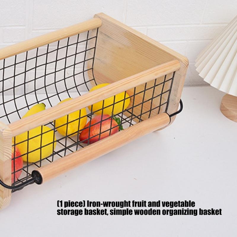 Large Capacity Fruit Vegetable Storage Basket with Wood Handle For Produce Collection And Home Organization 41x23x18cm