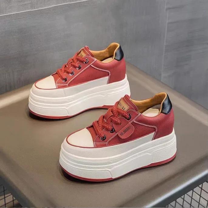Fashion 9cm Genuine Leather Platform Sneakers Wedge Shoes for Women Breathable Sneakers Autumn Casual Shoes Hidden Heel Zapatillas Mujer