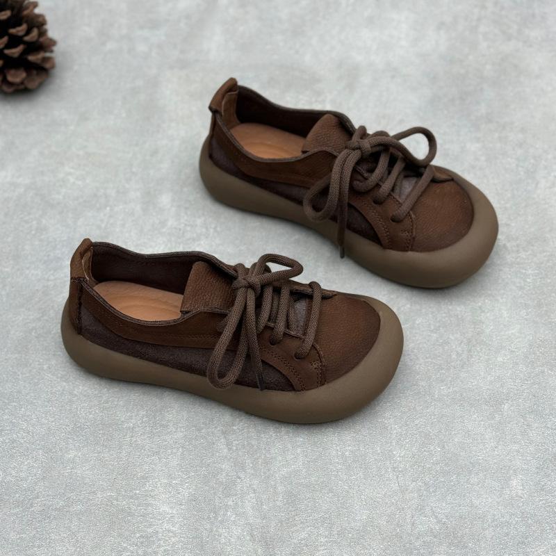 Johnature Retro Oryginalne Skórzane Sznurowane Damskie Buty Casual Okrągły Nosek Skóra Bydlęca Płaskie