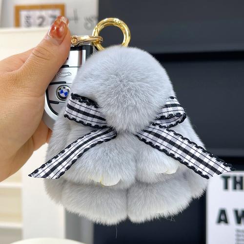 Real Rex Rabbit Hair Bowknot Little Rabbit Car Key Chain Pendant Cute Plush Drop Ear Rabbit Doll Bag Pendant