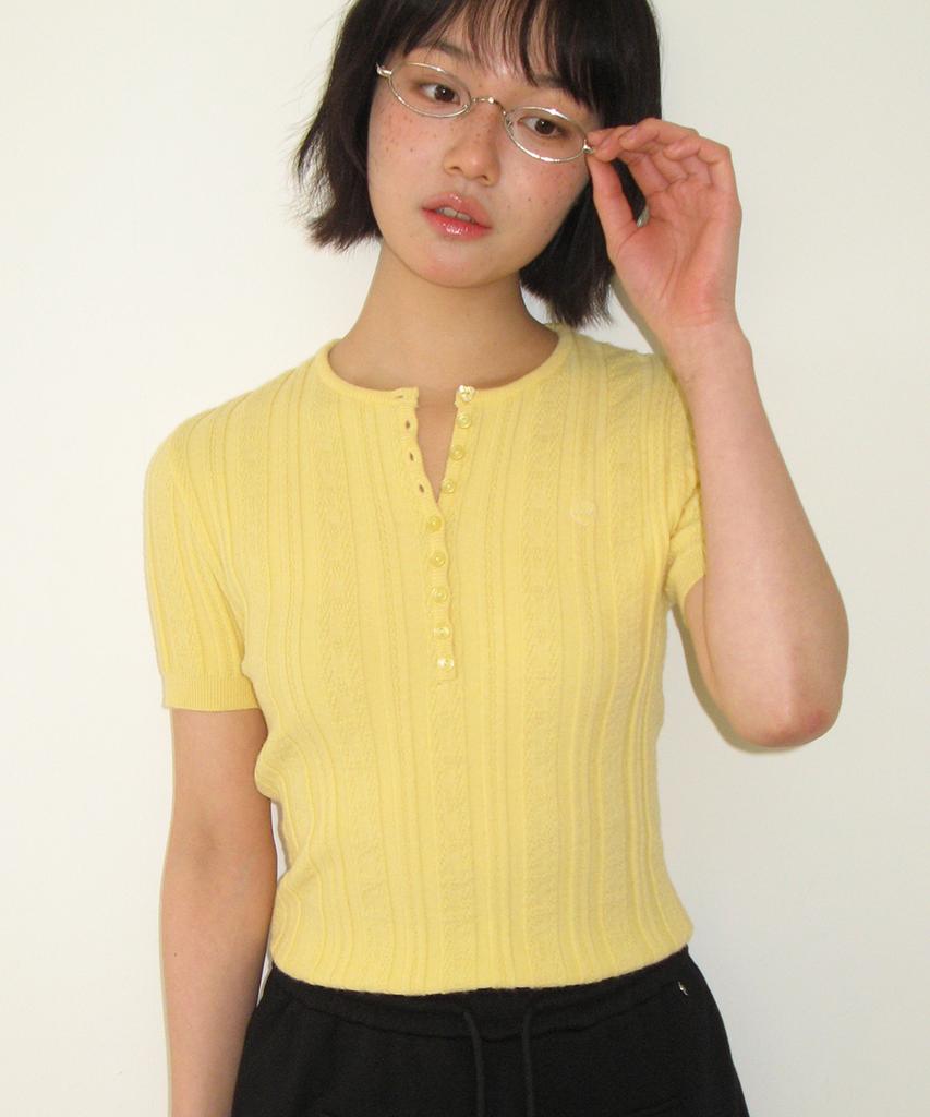 RONRON Button Point Slim Short Sleeve Knit Yellow
