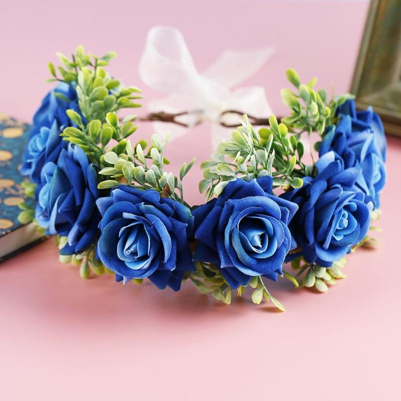 Adjustable Floral Garland Handmade Rose Flower Wreath Headband with Ribbon for Wedding Festival Travelling Photo Props