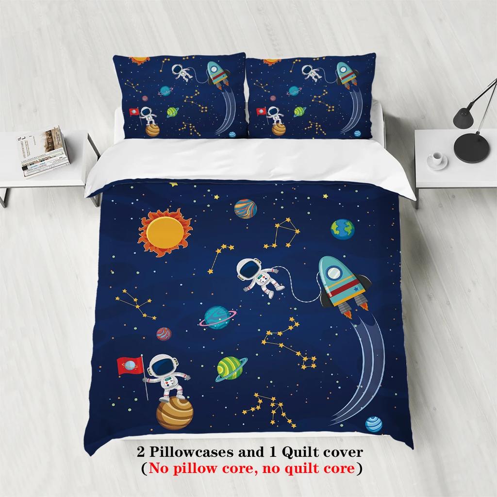 3-Piece Starry Sky Space Planet Astronaut Pattern Print (1 Duvet Cover+2 Pillowcases No Core) Comfortable Bedding Set