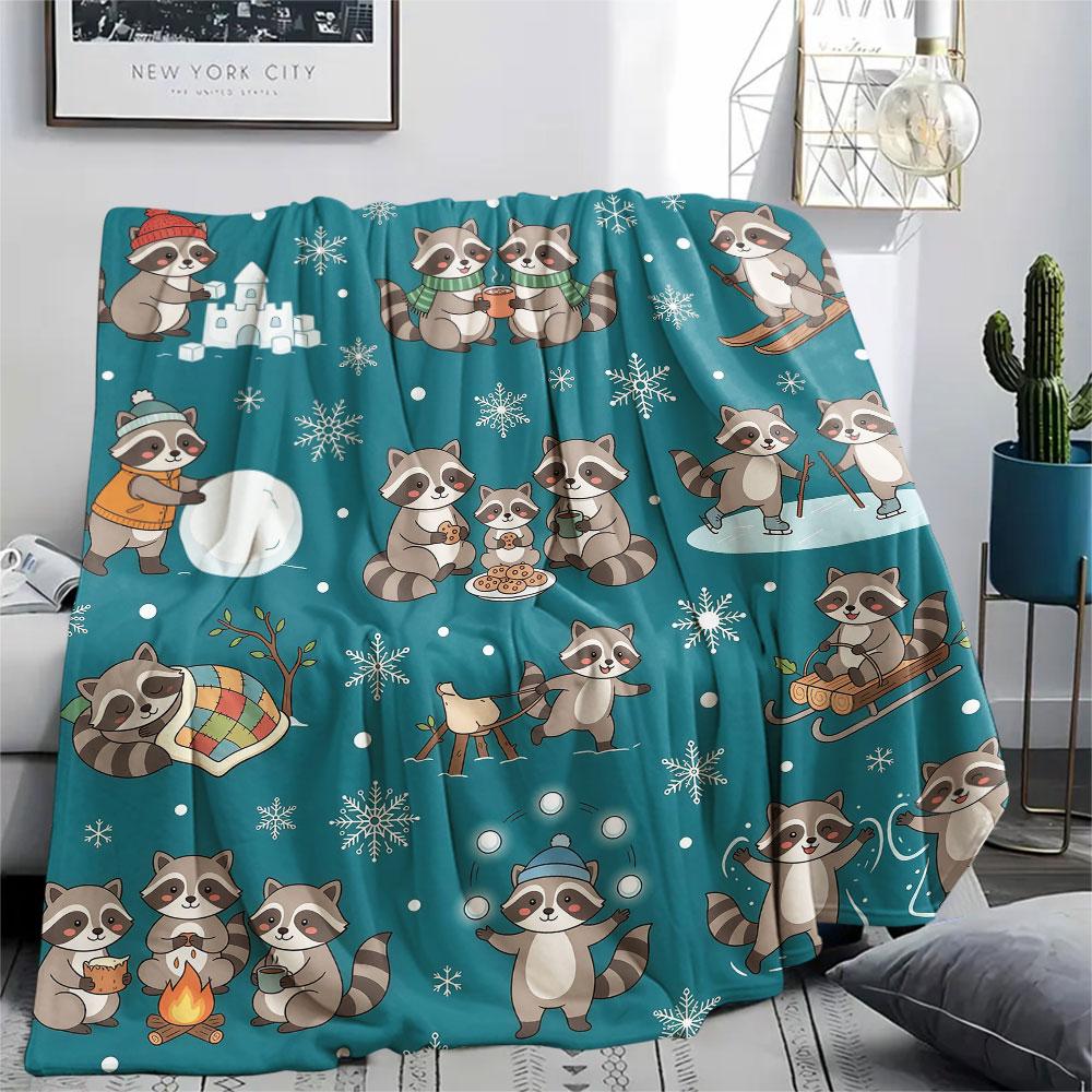 1PC Winter Raccoon Adventures Patterned Flannel Blanket Suitable For All Seasons for Home Decor Warmth and Comfort Gifts Holiday Present