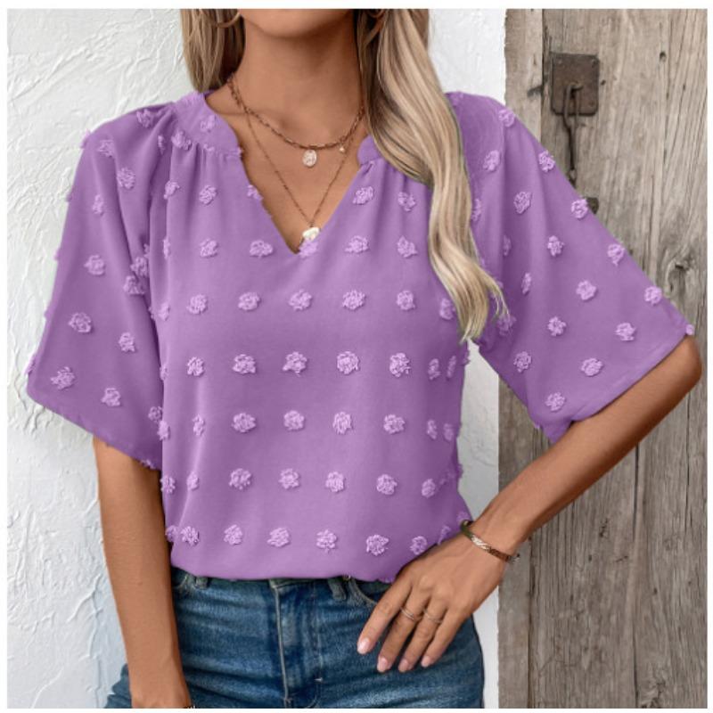 Women's Comfortable Loose Jacquard Blouses & Shirts V-neck Short Sleeved Top for Women