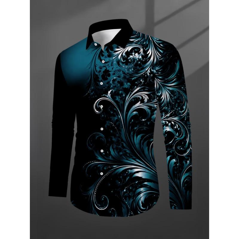 New Red Background Black Herringbone Baroque Print Men's Long Sleeved Shirt, Light Luxury Casual Formal Shirt