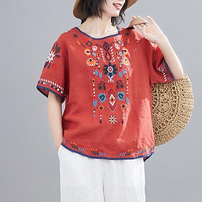 Daydreamer T-shirt Embroidered Loose National Style Ladies Short Sleeve Oversize Blouse for Going Out
