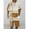 Men's Blue and White Geometric Block Patchwork Short-sleeved T-shirt Suit