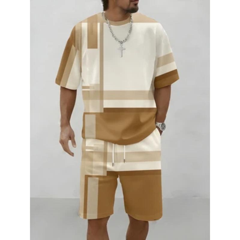 

Мужской сине-белый геометрический блочный пэчворк костюм из короткорукавной футболки S