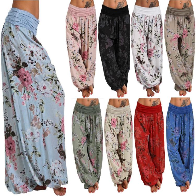 Women's High Waist Printed Harem Pants Loose Wide Leg Long Trousers Elastic Fold Waist Casual Bohemian Digital Print Baggy Pants