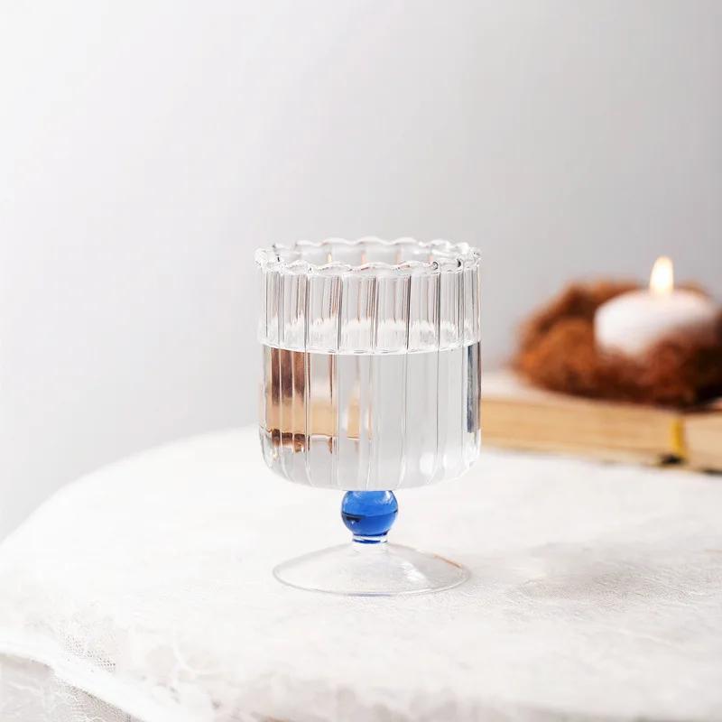 

1 шт. Прозрачный бокал для вина скандинавский рифленый с цветочным краем янтарно-зеленый синий с бусинами ножка винтажный стакан для питья кофе 210 мл 210ml синий