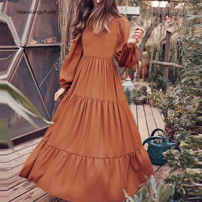 Women S Vintage Ethnic Style Pleated Long Dress V Neck Long Sleeve Loose Fit Solid Color