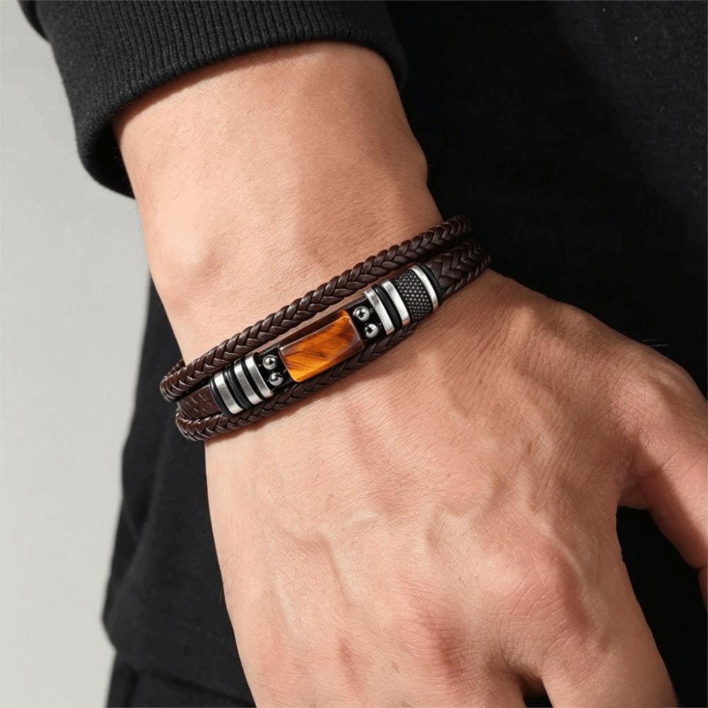 Mehrschichtiges Lederarmband Geflochtenes Perlenarmband Herrenarmband Tigerauge Steinarmband Herren