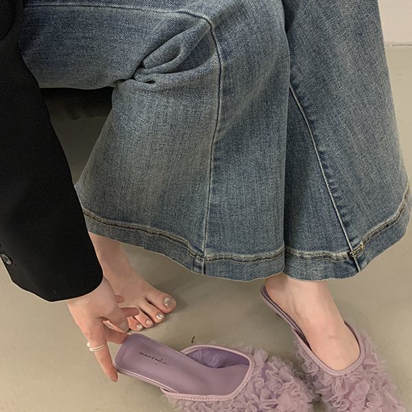 Korean Version of Lace Princess Shoes, Mesh Yarn, Breathable Square Head Low-heeled Shoes, Wearing Bag Head and Half Slippers, Lazy Dragging Fair