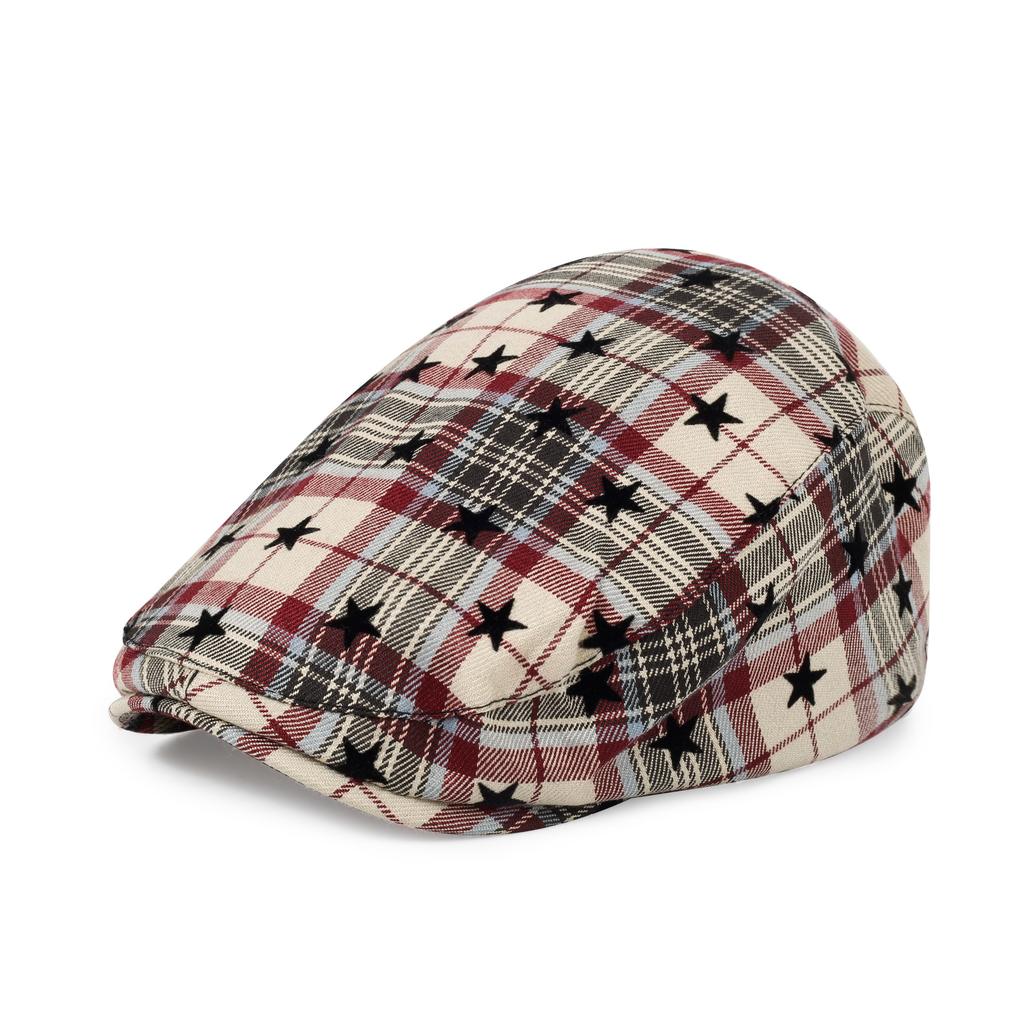 Retro Plaid Star Forward Hat for Women Autumn and Winter British Style Beret Painter's Hat