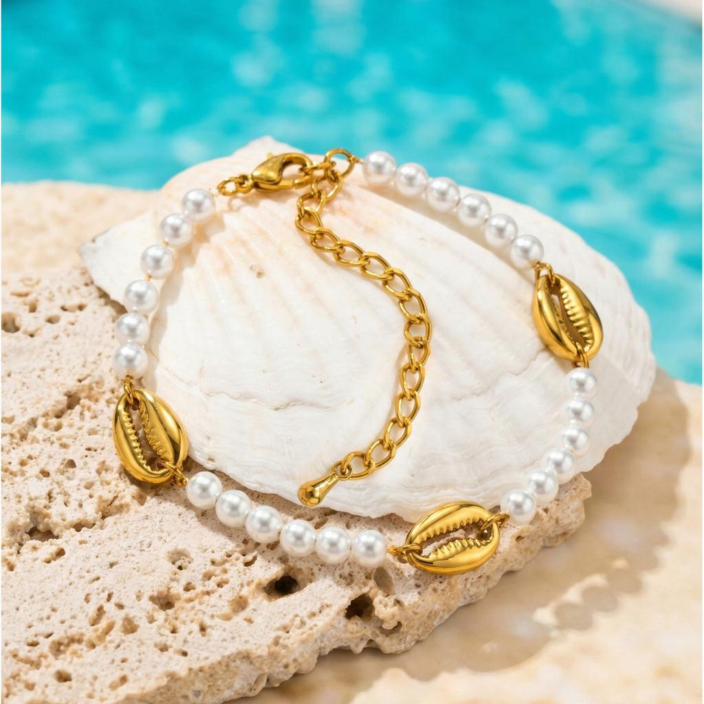 Bohemian Metal Shell Pearl Bracelet for Women Waterproof Stainless Steel Bead Bracelet Summer Beach Vacation Wrist Jewelry 2026