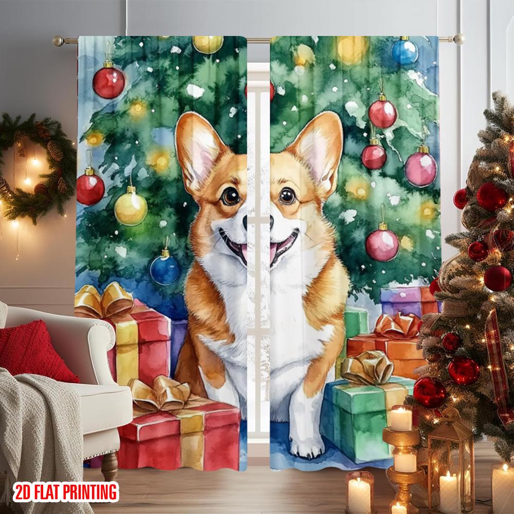2pcs 2D Flat Printing Christmas Curtains Christmas Cute Dog Durable 100% Polyester Fabric Without Electricity Versatile Use for