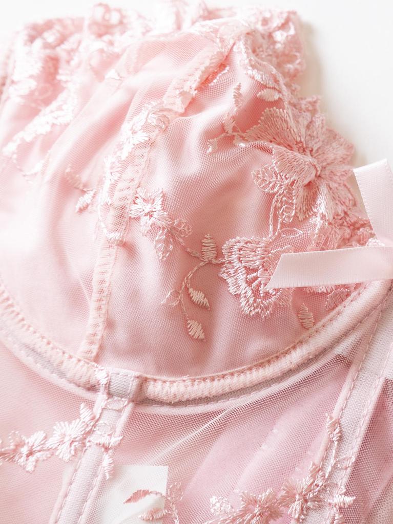 Pink Mesh Embroidered Corset Lingerie: Sexy Bandeau with Fishbone Detailing