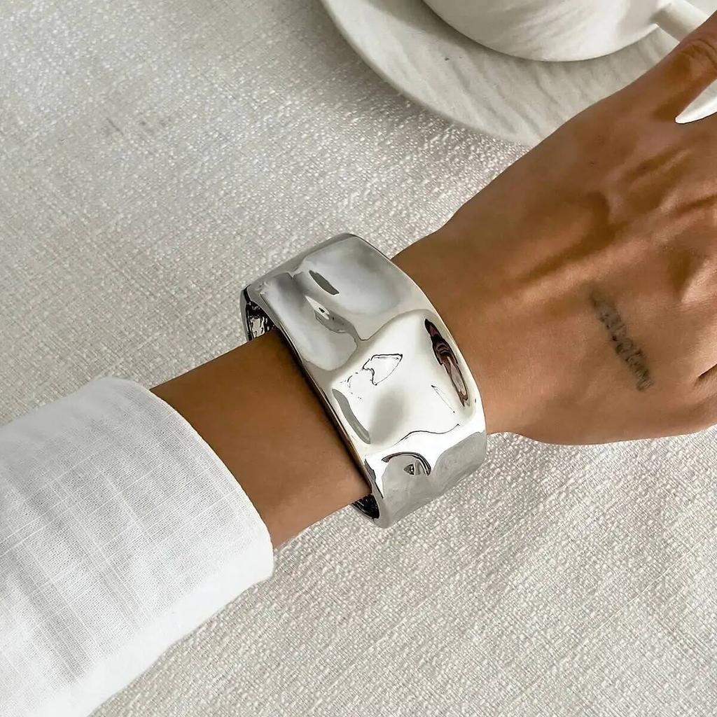 IngeSight.Z 3 Styles Exaggerated Punk Geometric Spring Bangle Women Irregular Chunky Metal Cuff Bracelet Steampunk Jewelry Gift