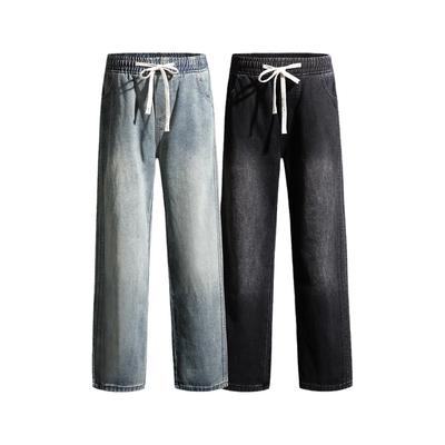 Luźne i jesienne jeansy z szerokimi nogawkami męskie jesienno-zimowe elastyczny pas paski sportowe proste spodnie