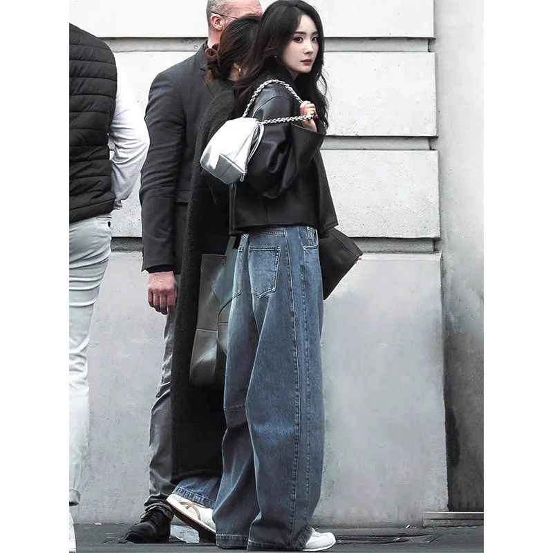 Yang Mi Style Blue Wide-Leg Jeans for Women 2026 Spring and Autumn New Retro High-Waisted Slimming Loose Fit Curved Pants