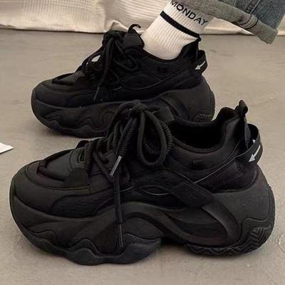 Dámské tenisky na vysoké platformě Kožené Dad Shoes Dámské Černé Masivní tenisky Boty s tlustou podrážkou 2026 Módní boty na zvýšení výšky