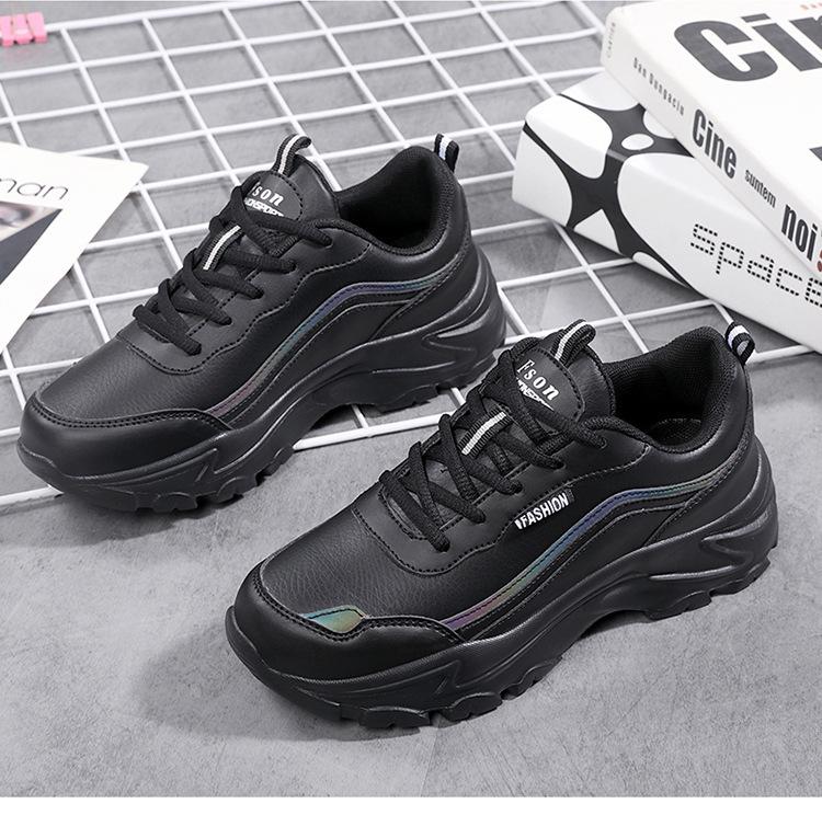 2025 Large Size New Casual Shoes, Black Leather Comfortable Sneakers, Waterproof and Heightened Thick-soled Non-slip Women's Shoes