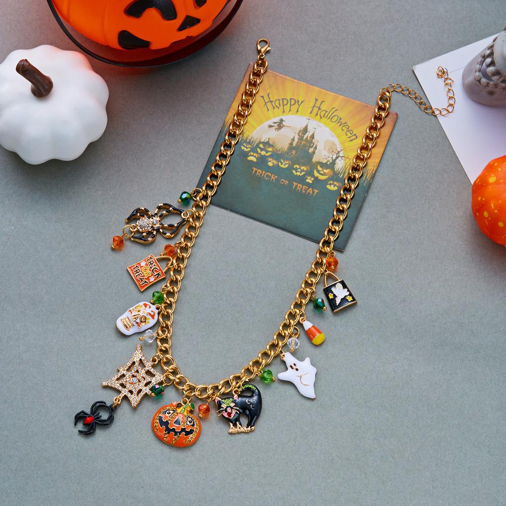 Funny Halloween Necklace For Women Inlaid Zircon Pumpkin Spider Web Ghost Black Cat Skeleton Pendant Choker Festival Jewelry
