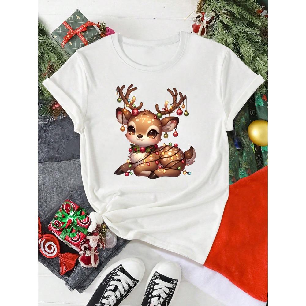 

Cute Christmas Elk Printing Women T Shirt Cartoon Casual Short Sleeve O-Neck Women Red Tshirt Ladies Y2k T-shirt Female Fashion S