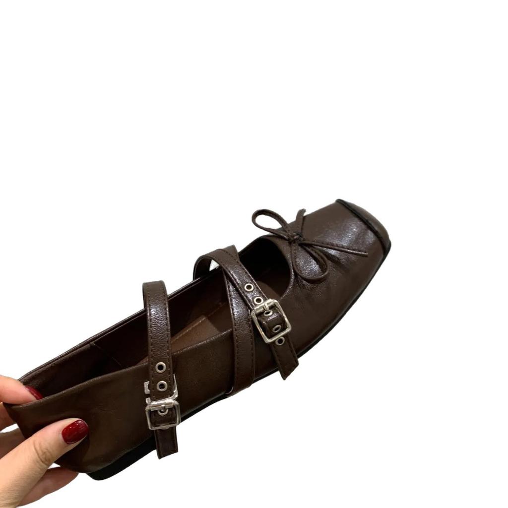 Rétro bout carré plat chaussures simples ballerines automne nouveau marron français boucle nœud Mary Jane chaussures pour femmes