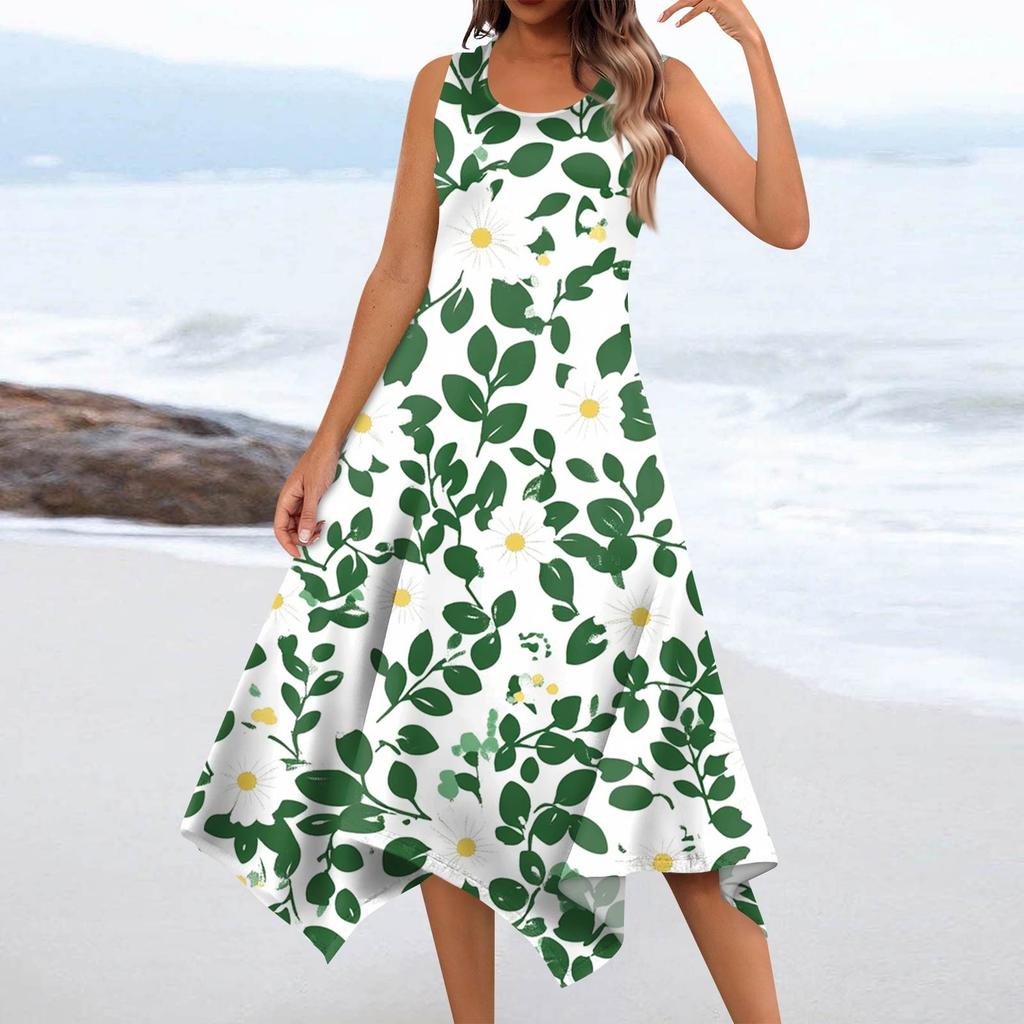 Women's Summer Fashion Round Neck Sleeveless Floral Print Irregular Hem Midi Dresses