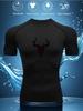 Mens Compression Short Sleeve T-Shirt Black Antler Silhouette Graphic Breathable Quick Dry High Elasticity Gym And Running Athletic Top